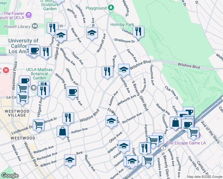 map of restaurants, bars, coffee shops, grocery stores, and more near 10490 Wilshire Boulevard in Los Angeles