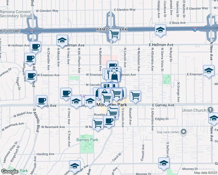 map of restaurants, bars, coffee shops, grocery stores, and more near 223 North Garfield Avenue in Monterey Park