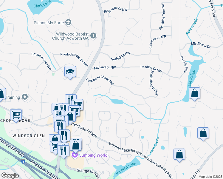 map of restaurants, bars, coffee shops, grocery stores, and more near 1303 Chandler Court Northwest in Acworth