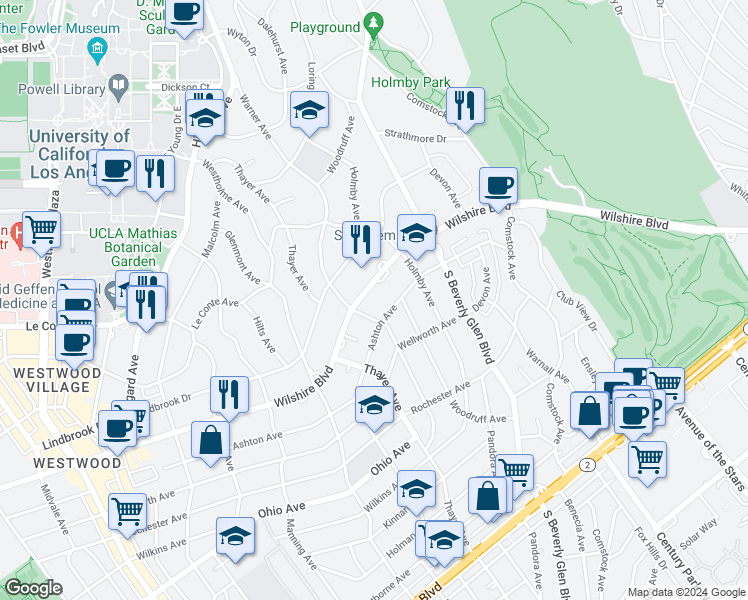 map of restaurants, bars, coffee shops, grocery stores, and more near 10490 Wilshire Boulevard in Los Angeles