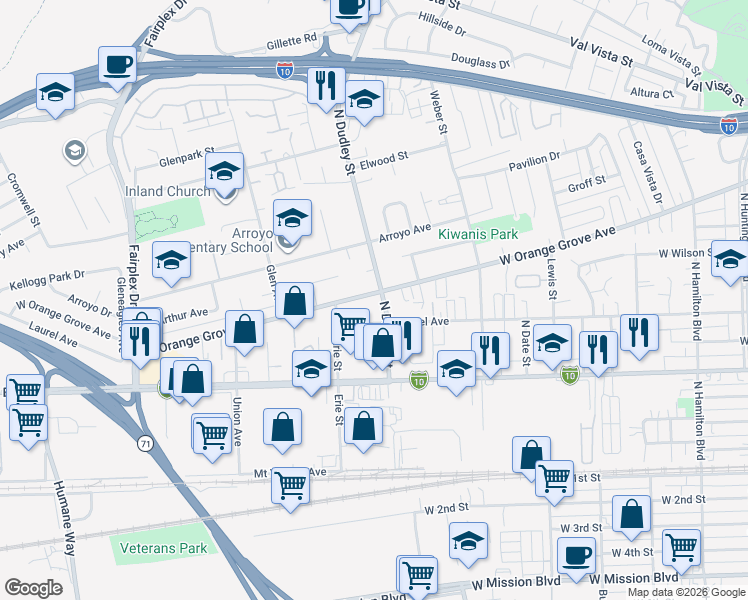map of restaurants, bars, coffee shops, grocery stores, and more near 1508 West Orange Grove Avenue in Pomona