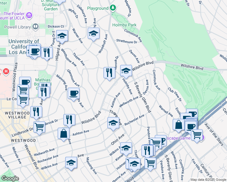 map of restaurants, bars, coffee shops, grocery stores, and more near 10490 Wilshire Boulevard in Los Angeles