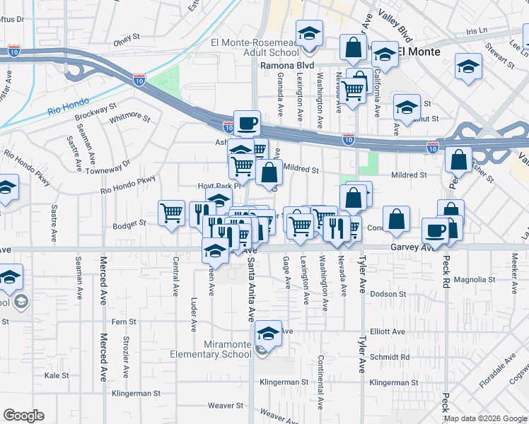 map of restaurants, bars, coffee shops, grocery stores, and more near 3112 Granada Avenue in El Monte