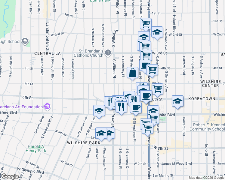 map of restaurants, bars, coffee shops, grocery stores, and more near 523 South Wilton Place in Los Angeles