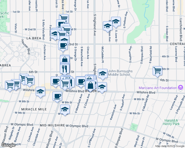 map of restaurants, bars, coffee shops, grocery stores, and more near 609 South Highland Avenue in Los Angeles
