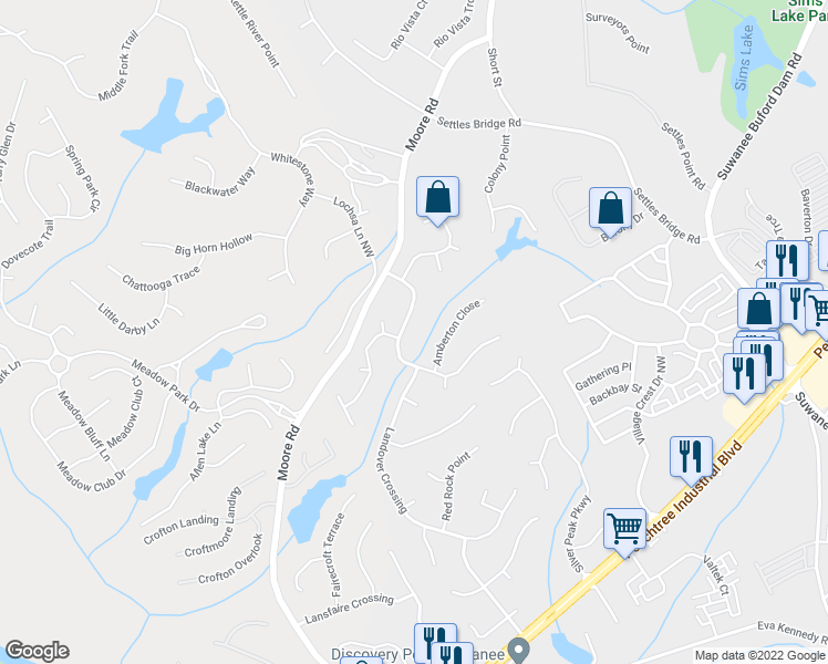 map of restaurants, bars, coffee shops, grocery stores, and more near 4530 Landover Way Northwest in Suwanee