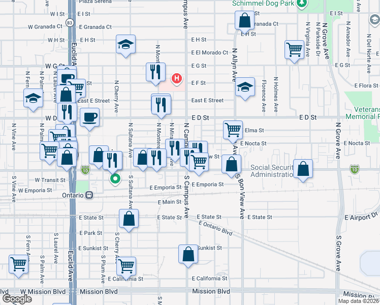 map of restaurants, bars, coffee shops, grocery stores, and more near 140 North Campus Avenue in Ontario