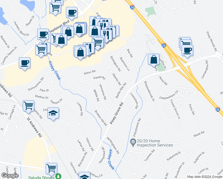 map of restaurants, bars, coffee shops, grocery stores, and more near 238 Pitney Road in Columbia