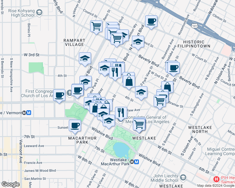 map of restaurants, bars, coffee shops, grocery stores, and more near 402 South Coronado Street in Los Angeles