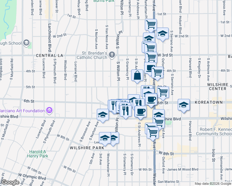 map of restaurants, bars, coffee shops, grocery stores, and more near 523 South Wilton Place in Los Angeles