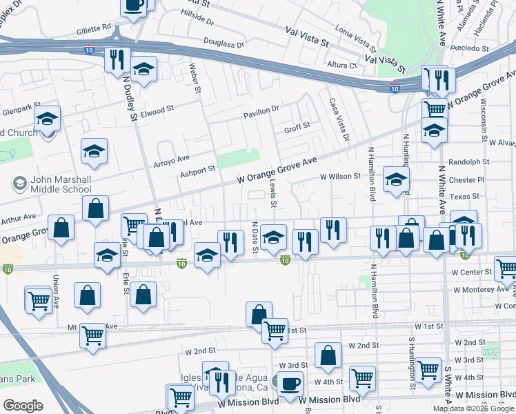 map of restaurants, bars, coffee shops, grocery stores, and more near 753 Lewis Street in Pomona