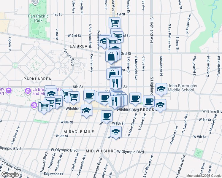 map of restaurants, bars, coffee shops, grocery stores, and more near 460 South La Brea Avenue in Los Angeles
