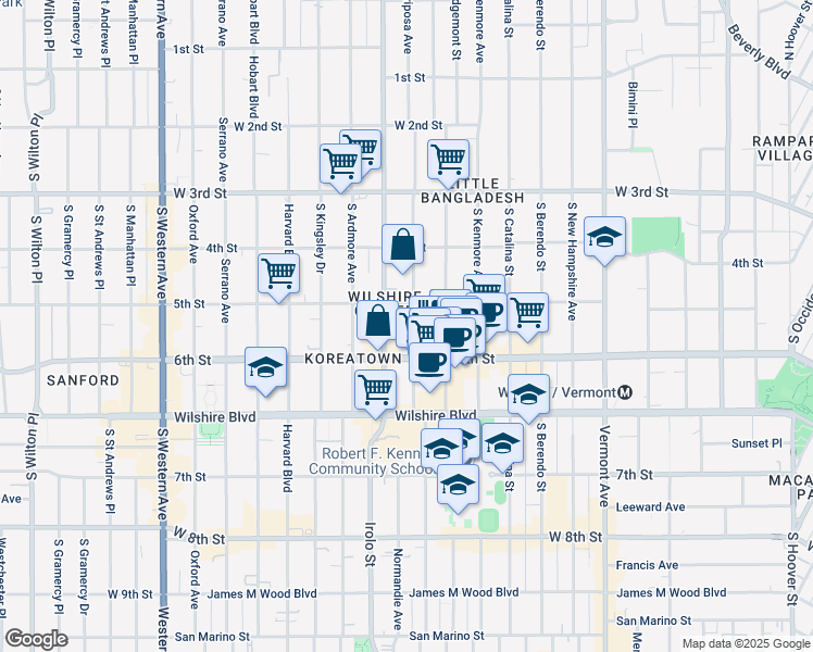 map of restaurants, bars, coffee shops, grocery stores, and more near 523 South Mariposa Avenue in Los Angeles