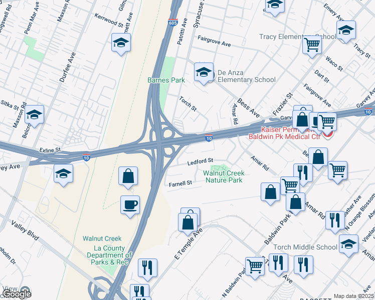 map of restaurants, bars, coffee shops, grocery stores, and more near 12744 Dalewood Street in Baldwin Park