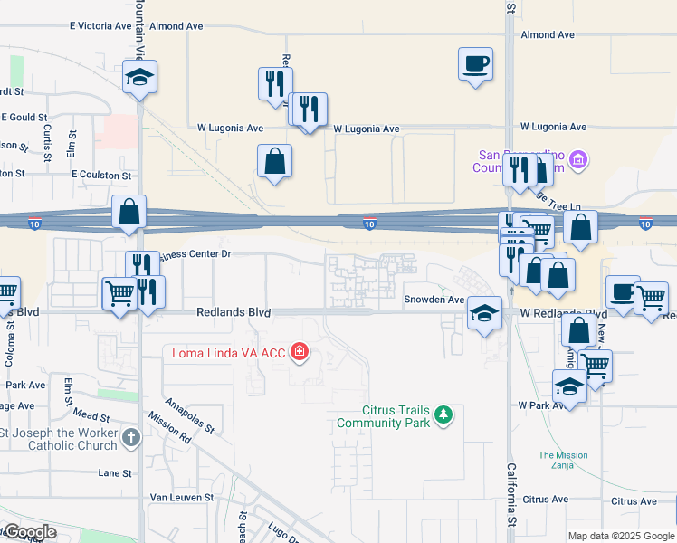 map of restaurants, bars, coffee shops, grocery stores, and more near 26200 Redlands Boulevard in Redlands