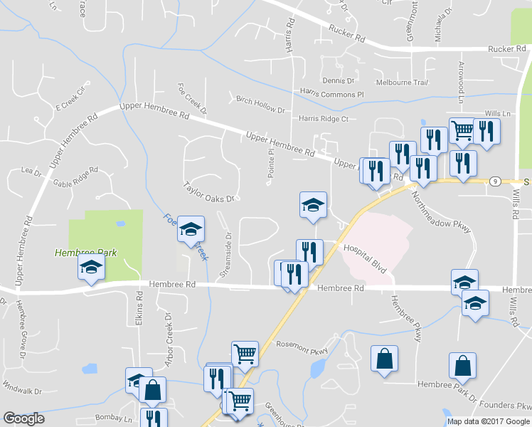 map of restaurants, bars, coffee shops, grocery stores, and more near 350 Hembree Forest Circle in Roswell