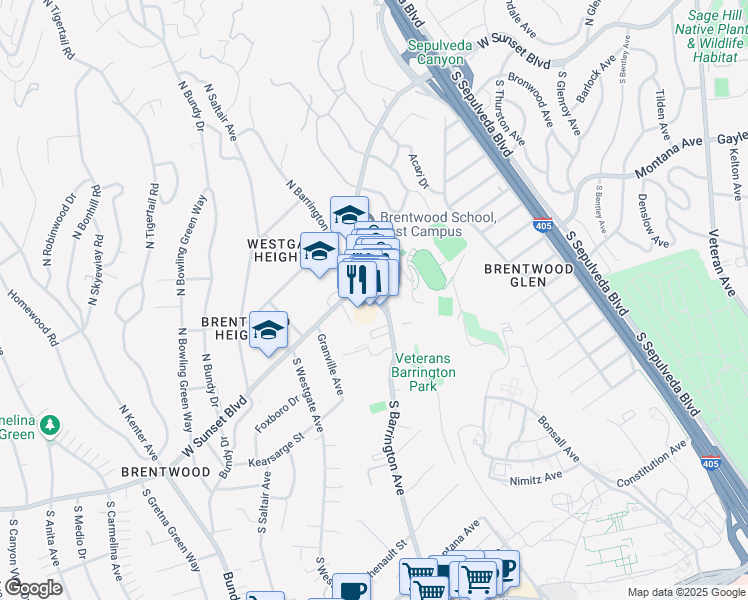 map of restaurants, bars, coffee shops, grocery stores, and more near 148 South Barrington Avenue in Los Angeles