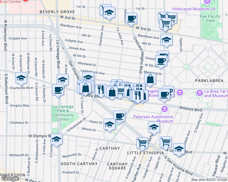 map of restaurants, bars, coffee shops, grocery stores, and more near 6408 Orange Street in Los Angeles