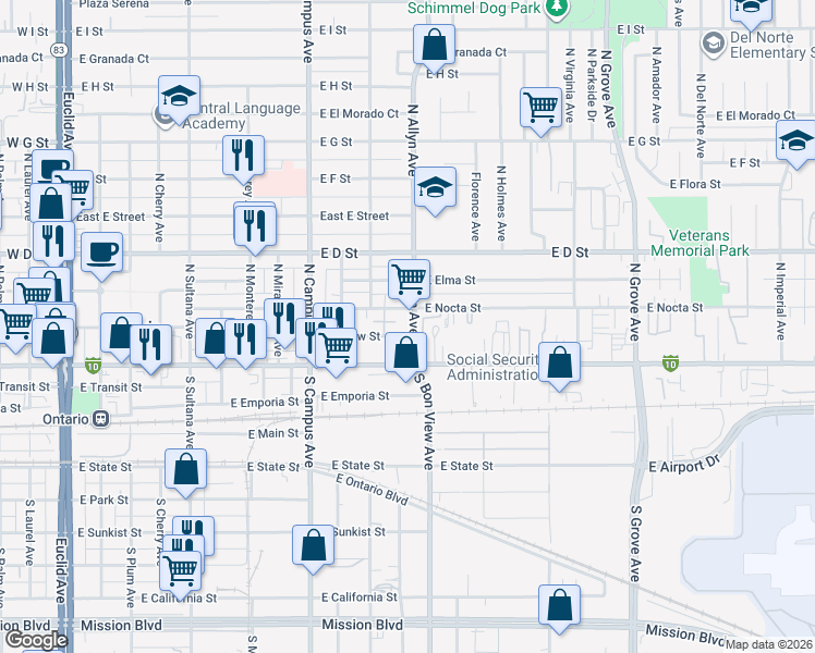 map of restaurants, bars, coffee shops, grocery stores, and more near in Ontario