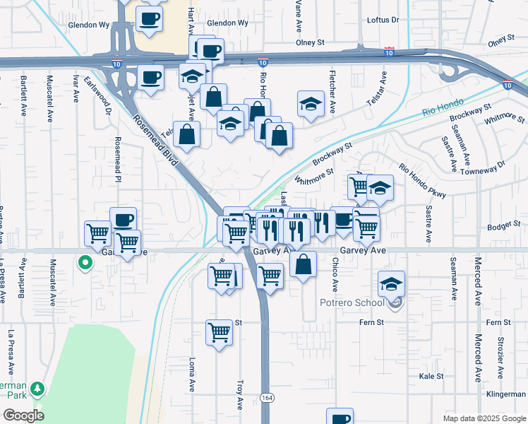 map of restaurants, bars, coffee shops, grocery stores, and more near 9457 Cortada Street in El Monte