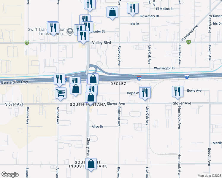 map of restaurants, bars, coffee shops, grocery stores, and more near 14650 Boyle Avenue in Fontana