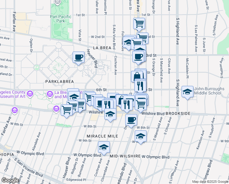 map of restaurants, bars, coffee shops, grocery stores, and more near 5525 West 6th Street in Los Angeles