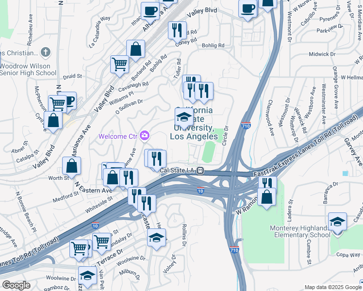 map of restaurants, bars, coffee shops, grocery stores, and more near 5151 State University Drive in Los Angeles