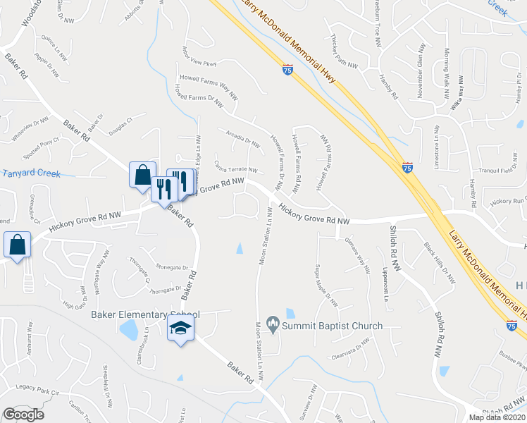 map of restaurants, bars, coffee shops, grocery stores, and more near 2473 Insdale Trce Northwest in Acworth