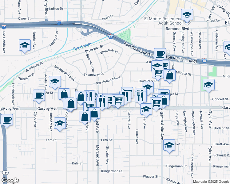 map of restaurants, bars, coffee shops, grocery stores, and more near 3131 Havenpark Avenue in El Monte