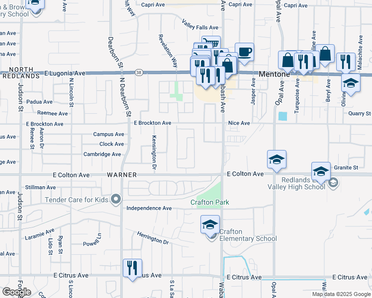 map of restaurants, bars, coffee shops, grocery stores, and more near 1721 East Colton Avenue in Redlands