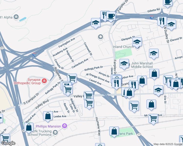 map of restaurants, bars, coffee shops, grocery stores, and more near 2247 West Orange Grove Avenue in Pomona