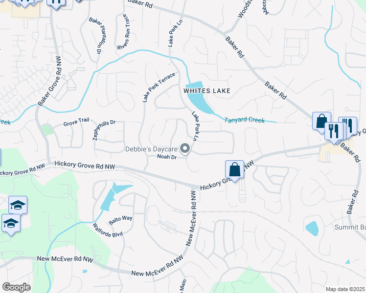 map of restaurants, bars, coffee shops, grocery stores, and more near 4600 Noah Overlook East in Acworth