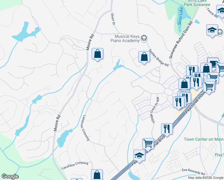 map of restaurants, bars, coffee shops, grocery stores, and more near 4345 Landover Way Northwest in Suwanee