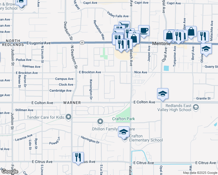 map of restaurants, bars, coffee shops, grocery stores, and more near 1721 East Colton Avenue in Redlands