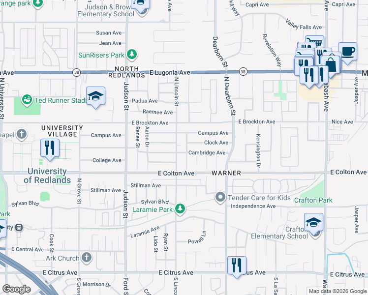 map of restaurants, bars, coffee shops, grocery stores, and more near 937 Falcon Lane in Redlands