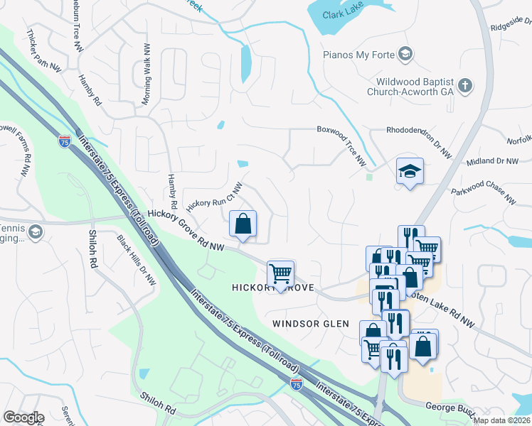 map of restaurants, bars, coffee shops, grocery stores, and more near 1818 Crescent Hill Drive Northwest in Acworth