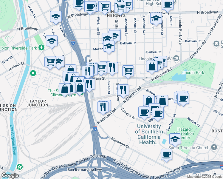 map of restaurants, bars, coffee shops, grocery stores, and more near 1819 Griffin Avenue in Los Angeles