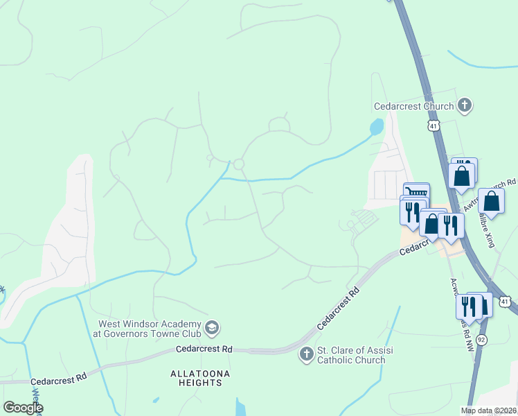 map of restaurants, bars, coffee shops, grocery stores, and more near 6219 Talmadge Way in Acworth