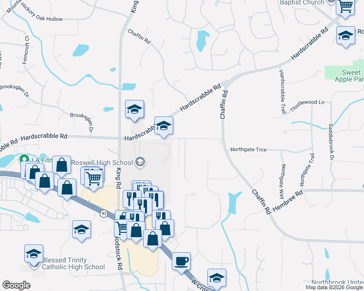 map of restaurants, bars, coffee shops, grocery stores, and more near 105 Cochran Farms Drive in Roswell