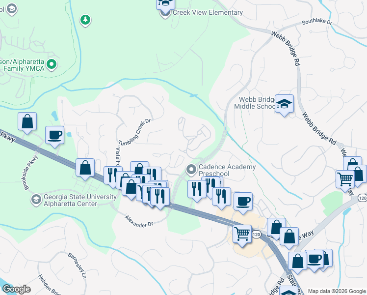 map of restaurants, bars, coffee shops, grocery stores, and more near 680 Park Bridge Parkway in Alpharetta