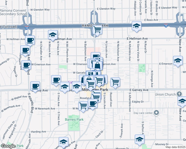 map of restaurants, bars, coffee shops, grocery stores, and more near 301 North Garfield Avenue in Monterey Park