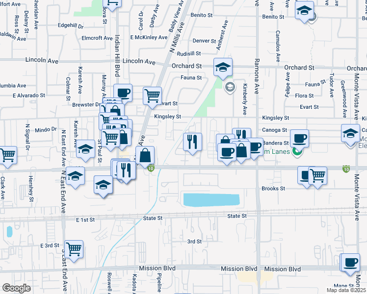 map of restaurants, bars, coffee shops, grocery stores, and more near 4198 Via Viola in Montclair