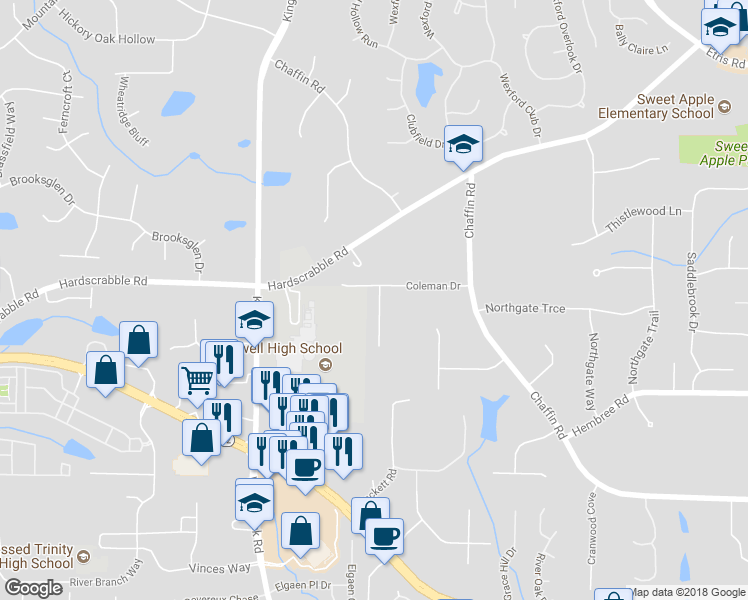 map of restaurants, bars, coffee shops, grocery stores, and more near 120 Cochran Farms Drive in Roswell