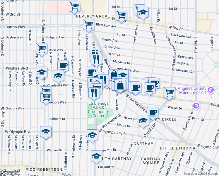 map of restaurants, bars, coffee shops, grocery stores, and more near 100 North Gale Drive in Beverly Hills
