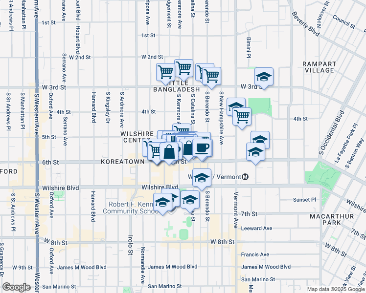 map of restaurants, bars, coffee shops, grocery stores, and more near 520 South Kenmore Avenue in Los Angeles