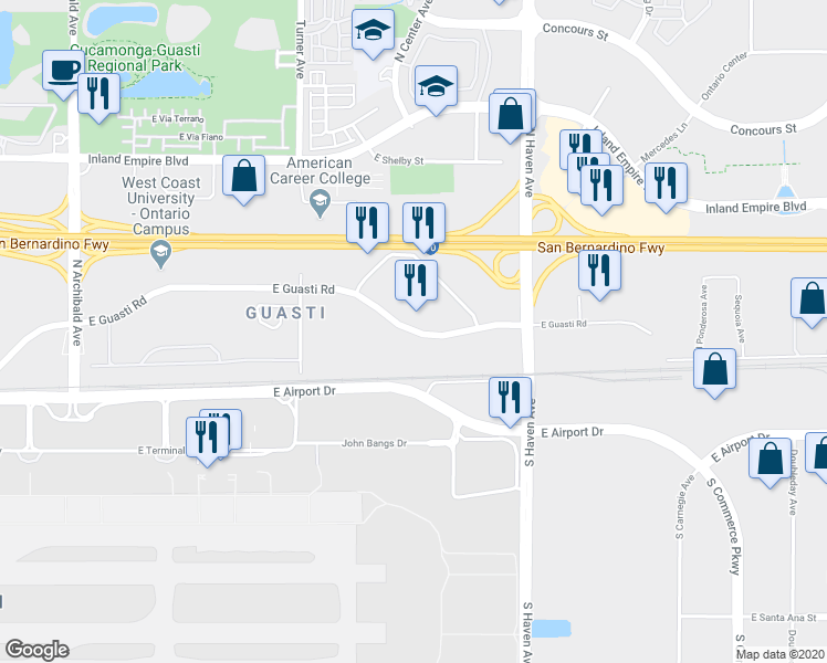 map of restaurants, bars, coffee shops, grocery stores, and more near 3314 East Guasti Road in Ontario