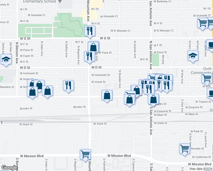 map of restaurants, bars, coffee shops, grocery stores, and more near 960 Pinyon Court in Ontario