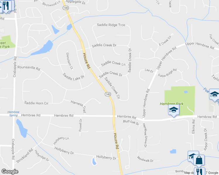 map of restaurants, bars, coffee shops, grocery stores, and more near 545 Saddle Creek Circle in Roswell
