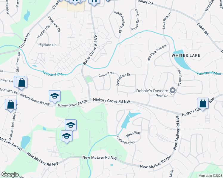 map of restaurants, bars, coffee shops, grocery stores, and more near 4421 Grove Drive Northwest in Acworth