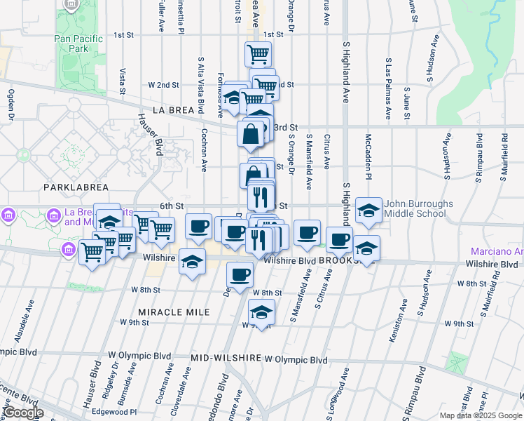 map of restaurants, bars, coffee shops, grocery stores, and more near 460 South La Brea Avenue in Los Angeles